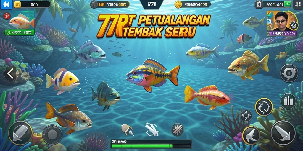 Screenshot utama 77RT menampilkan aksi menembak ikan yang seru.