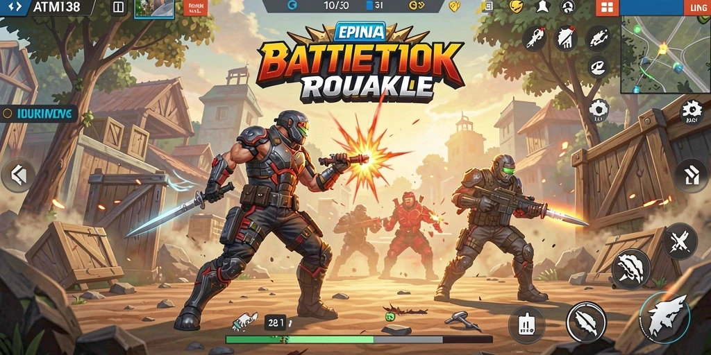 Tangkapan layar utama menunjukkan aksi seru dalam permainan Battle Royale.