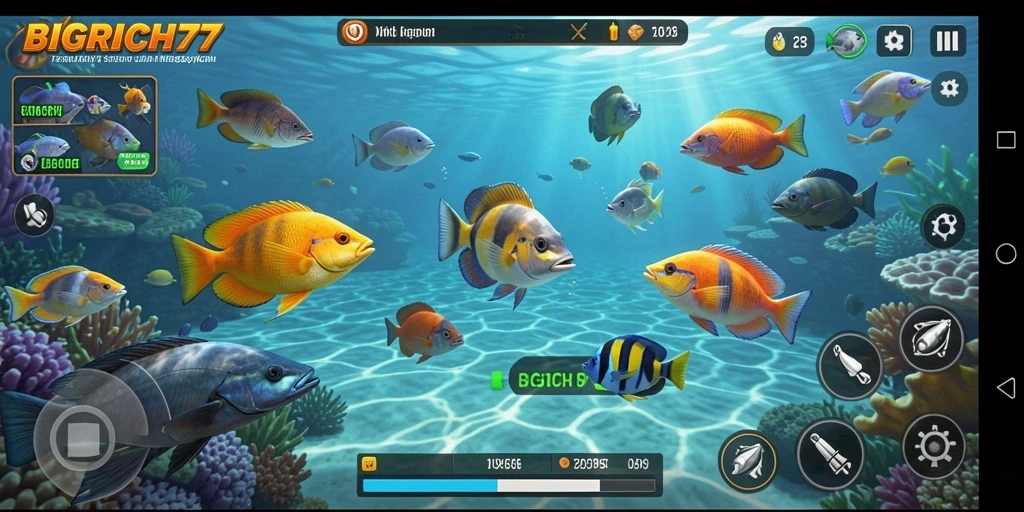 Tampilan gameplay seru dalam BIGRICH77 saat memburu ikan.