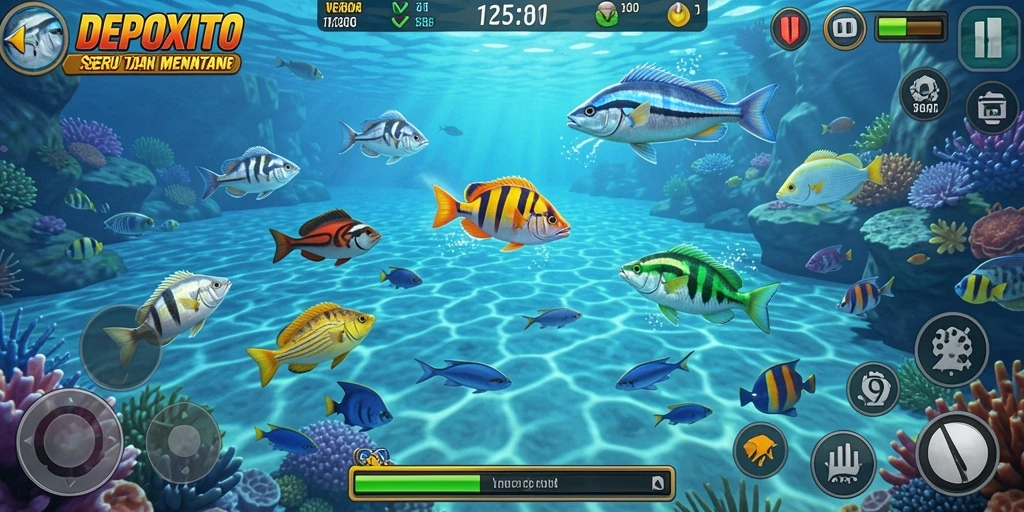Tampilan gameplay DEPOXITO menembak ikan dengan grafis menarik.