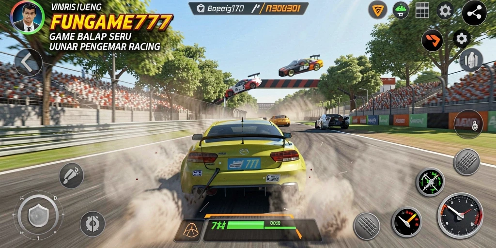 Tangkapan layar gameplay <strong>FUNGAME777</strong> menampilkan balapan seru di trek yang menantang.