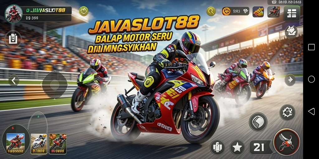 Tampilan seru gameplay balap motor di JAVASLOT88 yang menegangkan.