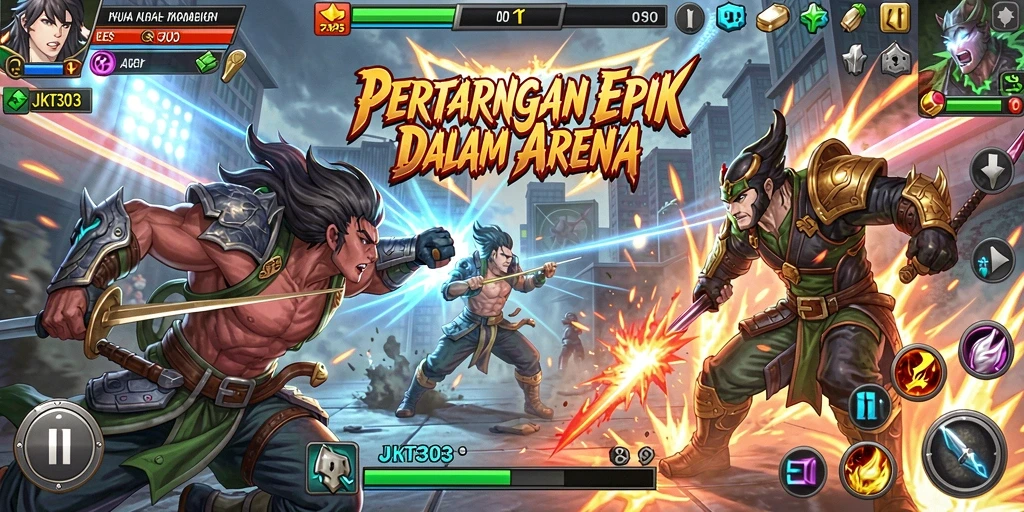 Tampilan gameplay JKT303 yang mendebarkan dengan karakter bertarung di arena.
