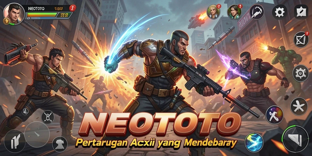 Screenshot utama NEOTOTO menunjukkan pertarungan aksi yang intens.