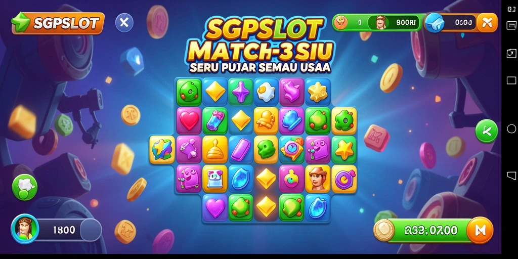 Tampilan seru gameplay SGPSLOT yang penuh warna dan tantangan Match-3.