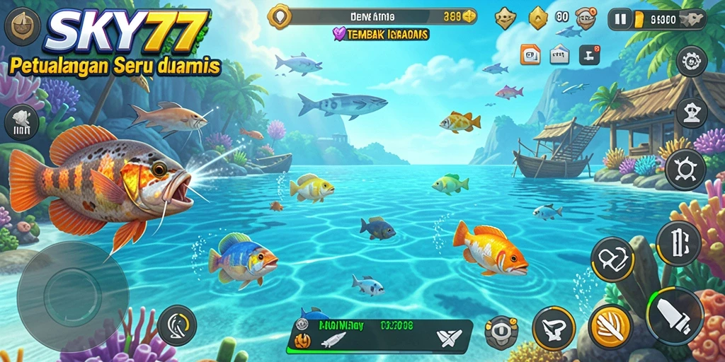 Tangkapan layar utama SKY77 menampilkan aksi seru menembak ikan di bawah laut.